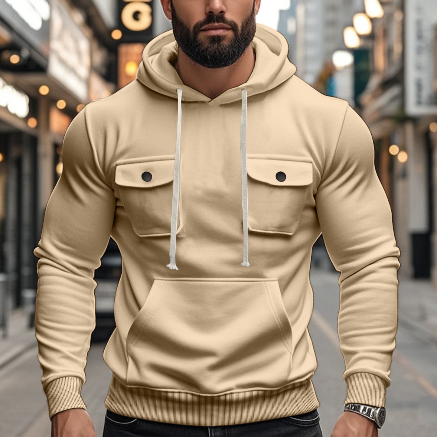 Workwear Multi-pocket Long Sleeve Solid Color Coat For Men