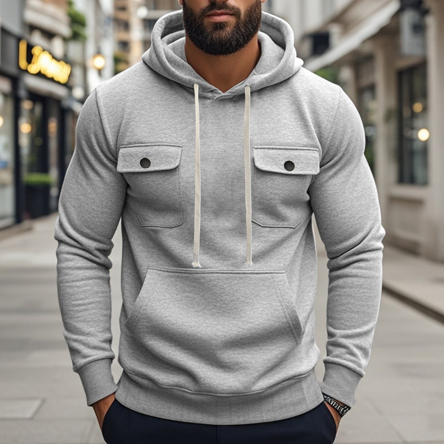 Workwear Multi-pocket Long Sleeve Solid Color Coat For Men