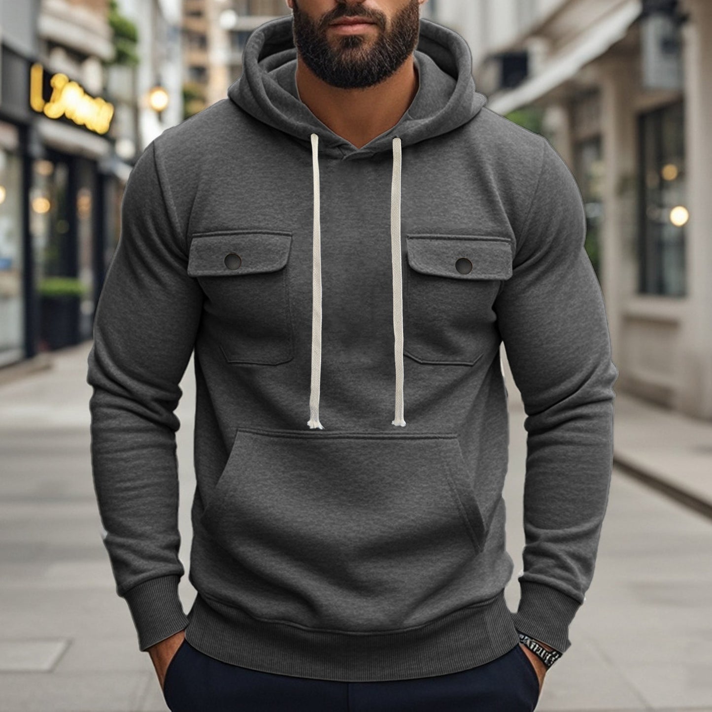 Workwear Multi-pocket Long Sleeve Solid Color Coat For Men