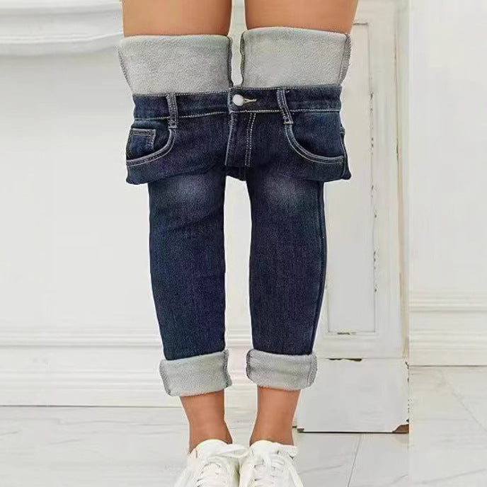 Fleece-lined Slim-fitting Mid-waist Slimming Stretch Fleece Fleece-lined Skinny Jeans